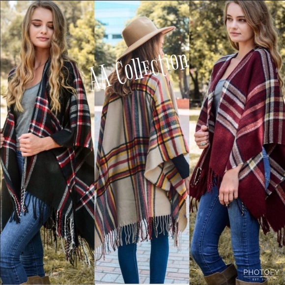 Accessories - Classic Plaid Ruana Poncho Scarf Tassel Fringe